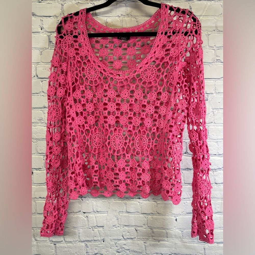 Rue21 Raspberry Pink Open Knit Long Sleeve Y2K Boho Festival Crochet Sweater S